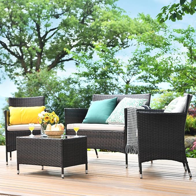COSTWAY 8PCS Rattan Patio Furniture Set | Outdoor Wicker Rattan Chairs with Coffee Table, Rattan Cushioned Conversation Set for Backyard Balcony Poolside, Brown