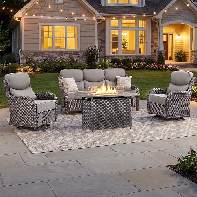 Luxury Patio Furniture Set with 6-inch Thick Cushion, Outdoor Furniture with Fire Pit Table, Swivel Chairs, Sofa, 4pcs Wicker Conversation Set for Deck Yard and Poolside Brown Wicker | Grey Cushions
