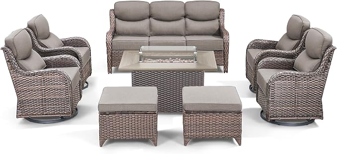 Luxury Patio Furniture Set with Fire Pit Table-8 Pieces All Weather Outdoor Swivel Rocker Chairs with Sofa and Ottomans. Outdoors Patio Conversation Sets for Porch Deck Garden Backyard(Brown/Grey)