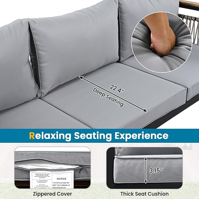 VilroCaz 4 Pieces Outdoor Sectional Sofa Set, All-Weather Patio Seating Group Cnversation Set with Cushions and Coffee Table for Patios Gardens Balcony, Sturdy Steel Frame (Grey+Metal & Wood)