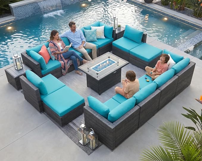 NICESOUL 15 Piece Outdoor Sectional with Fire Pit Table, Modern Luxury Patio Deep Seating w/Firepit, 29.3'' High-Back Wicker Couch Thick, Big High-Weight Capacity Sofa for Terrace, Yard, Gray & Teal