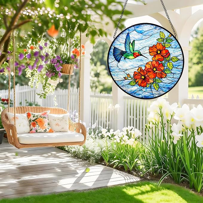 Stained Glass Window Hanging - Colorful Hummingbird Poppy Suncatcher for Windows Doors Home Decor, Hummingbird Red Flowers Sun Catcher Gift for Women Mom Nana Bird Lovers Christmas Mother's Day Birthd