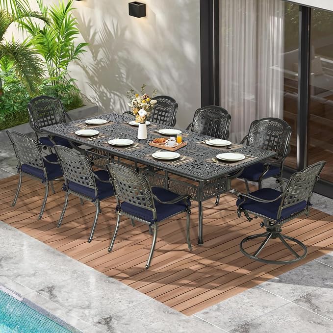 MEETWARM 9-Piece Outdoor Patio Dining Set for 8, All Weather Cast Aluminum Patio Funiture Table and Chairs Set- 94.5” Rectangle Table and 2 Swivel Rocker Chairs, 6 Stationary for Garden, Navy Blue