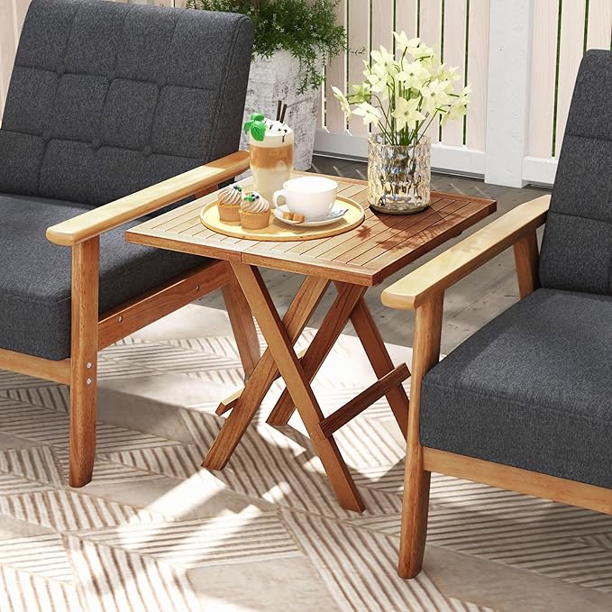 RELAX4LIFE Folding Outdoor Side Table - Set of 2 Teak Wood End Table, Square Coffee Bistro Table w/Slatted Tabletop, Portable Picnic Camp Table for Poolside Porch Garden, Foldable Small Patio Table