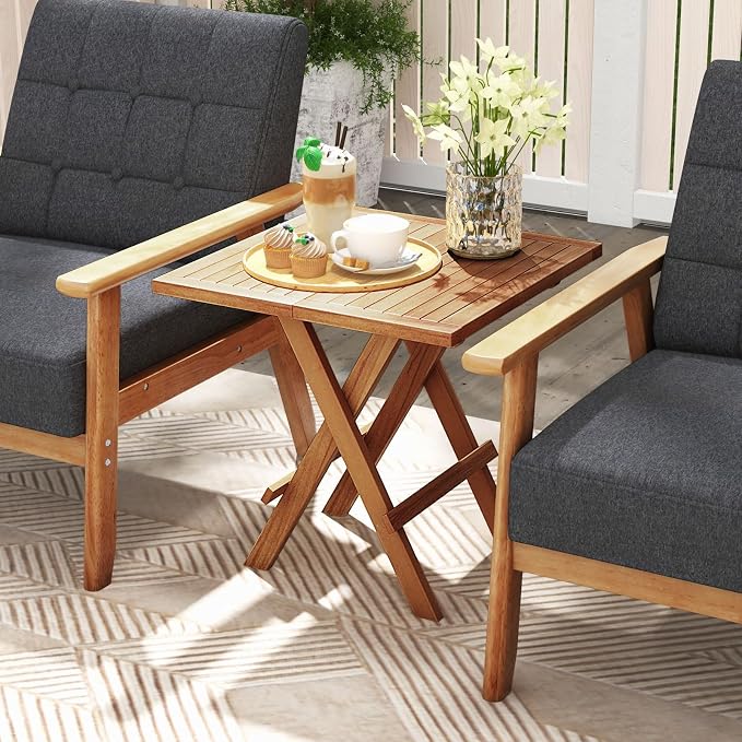 RELAX4LIFE Folding Outdoor Side Table - Teak Wood End Tables, 20'' Square Coffee Bistro Table w/Slatted Tabletop, Portable Picnic Camp Tables for Poolside Porch Garden, Foldable Small Patio Table