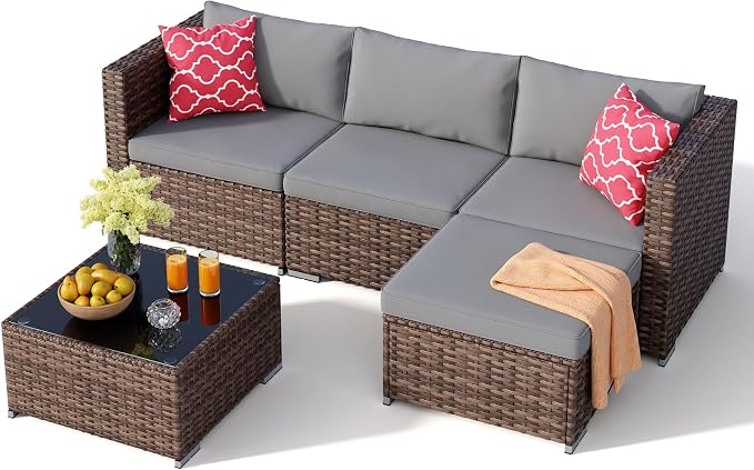 Ahomly 5 Piece Outdoor Patio Furniture Set, PE Wicker Rattan Sectional Sofa with Cushions and Glass Coffee Table, Outdoor Furniture Set for Garden Yard Porch, Grey