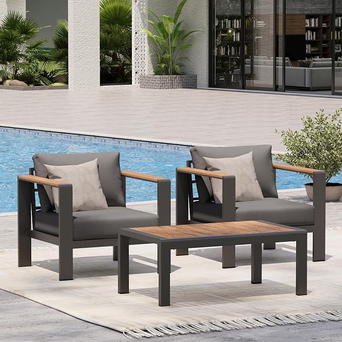 Aluminum Outdoor Sofa Bistro Set, 3 Piece Outdoor Patio Furniture Set with Washable Thick Cushion, Patio Sectional Furniture Set for Porch, Balcony, Deck, Yard, Graphite