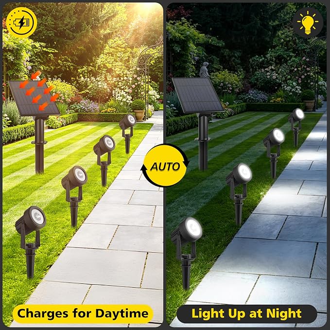 T-SUN Solar Spotlights Outdoor 4-in-1 IP65 Waterproof Solar Landscape Spotlights, Auto ON/Off Solar Lights for Garden, Yard, Driveway, Pool Area(White)