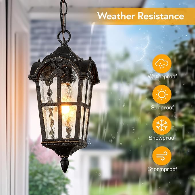 VIANIS Black Outdoor Pendant Light Lantern with Gold Trim, Outdoor Hanging Lights with Ripple Glass, Aluminum Outside Chandelier for Porch Waterproof and Anti-rust, Ceiling Fixtures for House Entryway