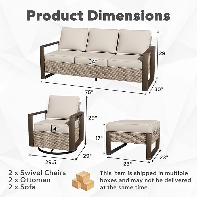 Outdoor Patio Swivel Rocker Chairs, 7 Pieces Wicker Furniture Set, 4 Swivel Rocking Chairs, 1 Sofa and 2 Ottoman, Metal Wide Armrest, Thick Cushions and Deep Seating for Garden, Backyard, Porch, Deck