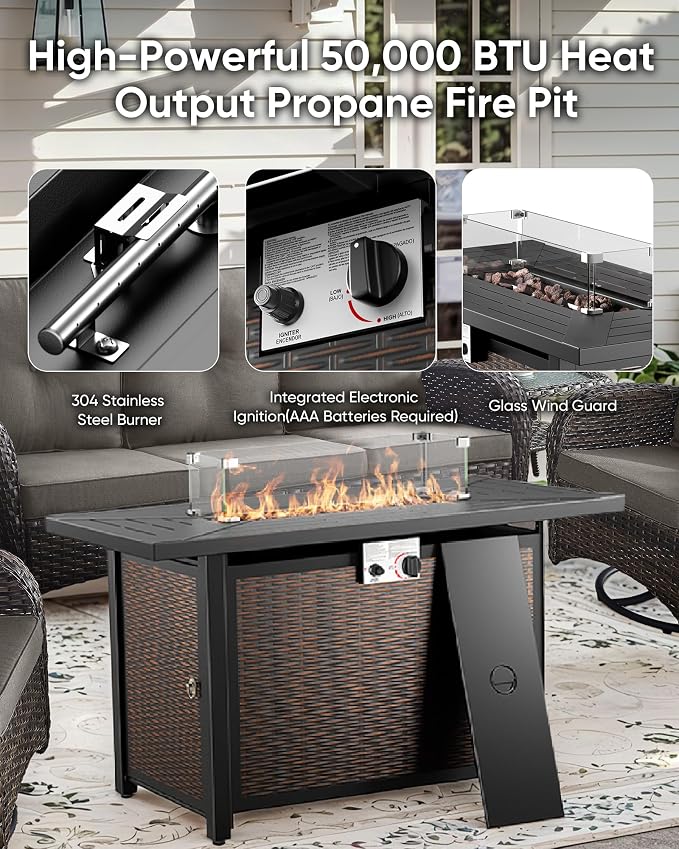 7 Pieces Outdoor Furniture with Fire Pit Deep Seating Outdoor Glider Loveseat with Patio Swivel Chairs Outdoor Furniture Set for Deck Porch Garden Balcony Poolside-Brown/Grey