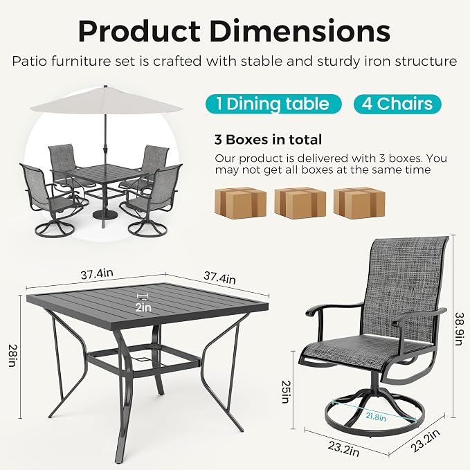 Pamapic 5-Piece Outdoor Dining Set, Patio Dining Set for 4, Outdoor Table and Chairs, All-Weather Outdoor Patio Set with Textilene Swivel Chairs for Garden, Poolside, Deck，Gray