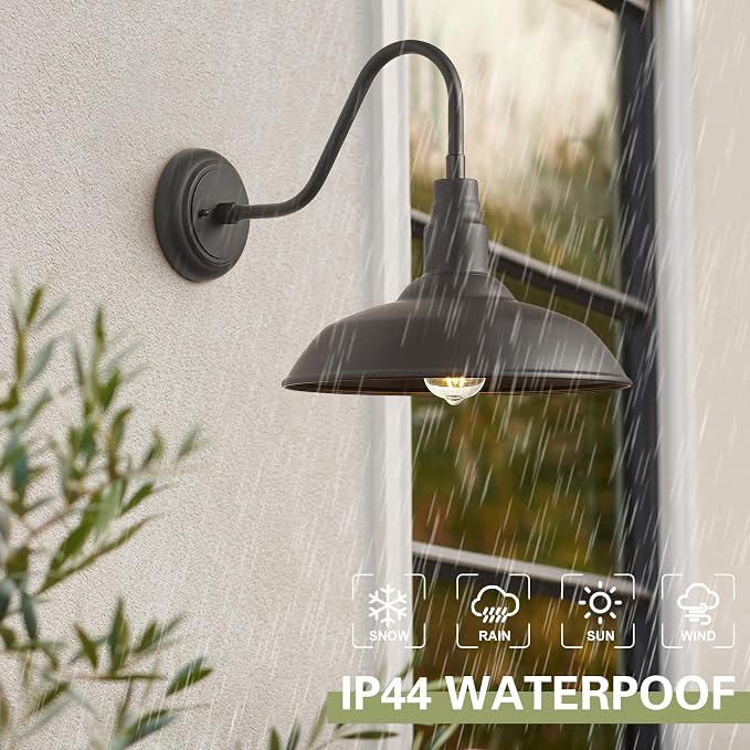 14in Dome Outdoor Gooseneck Lights for Barn, Dark Bronze Exterior Farmhouse Light Fixture with Wall Mount, Outside Goose Neck Wall Sconce for Patio, Porch, Entryway