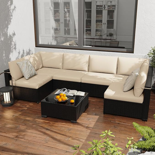 KIGOTY 7-Piece Patio Furniture Set, All-Weather PE Rattan Outdoor Sectional Sofa, Modular Wicker Conversation Set with Thick Cushions & Easy-Clean Coffee Table（Black/White）