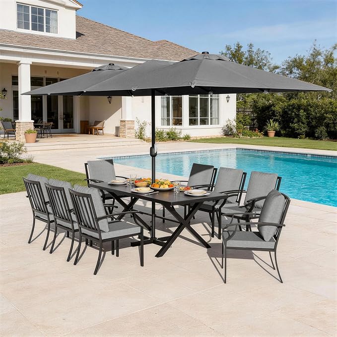 10 Pieces Patio Dining Set,Metal Outdoor Furniture Set Includes 13.6FT Grey Umbrella,Hole Cut-Out 78.7" x 35.4" Table and 8 Metal Backrest Chairs for Backyard,Garden,Grey