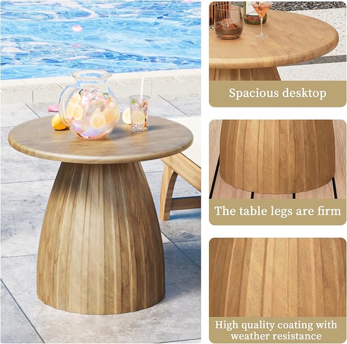 Metal Small Patio Table, Round Outdoor Side Table, Wood Color Outdoor Accent Patio End Table, for Garden, Pool, Yard, Balcony, Living Room, Deck, Weather Resistant, No Assembly