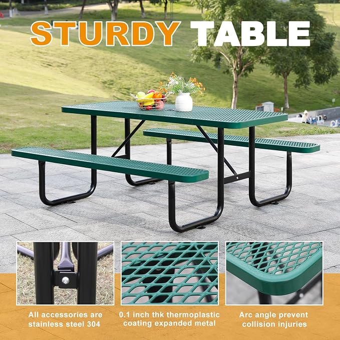 4ft Rectangular Picnic Table – Heavy-Duty Metal Mesh Outdoor Dining Table, Thermoplastic Coated Steel, Outdoor Living, Parks & Schools (Green, 4ft)