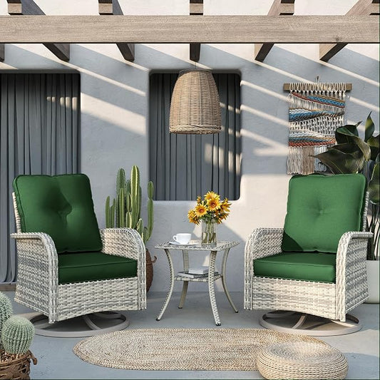 Patio Rocking Swivel Chairs Outdoor Wicker Rattan Bistro Set with Tempered Glass Side Table, Outdoor Patio Furniture Set for Garden, Deck, and Balcony, Dark Green