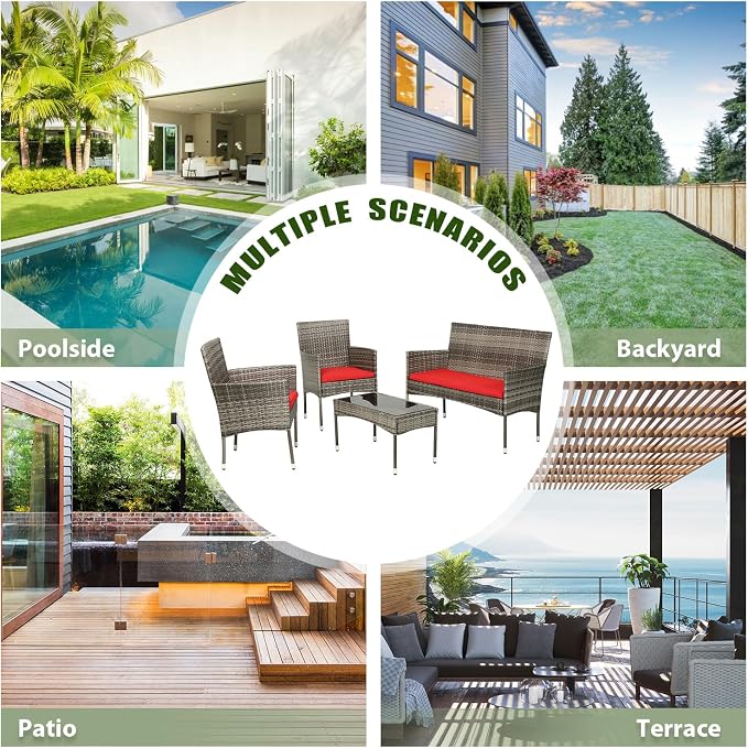 PayLessHere Outdoor Furniture Set 4 Pcs Modular Patio Furniture Set Water Resistant Conversation Set with 3 Rattan Chairs 1 Tempered Glass Topped Table for Patio Poolside, Gray Wicker/Red Cushions
