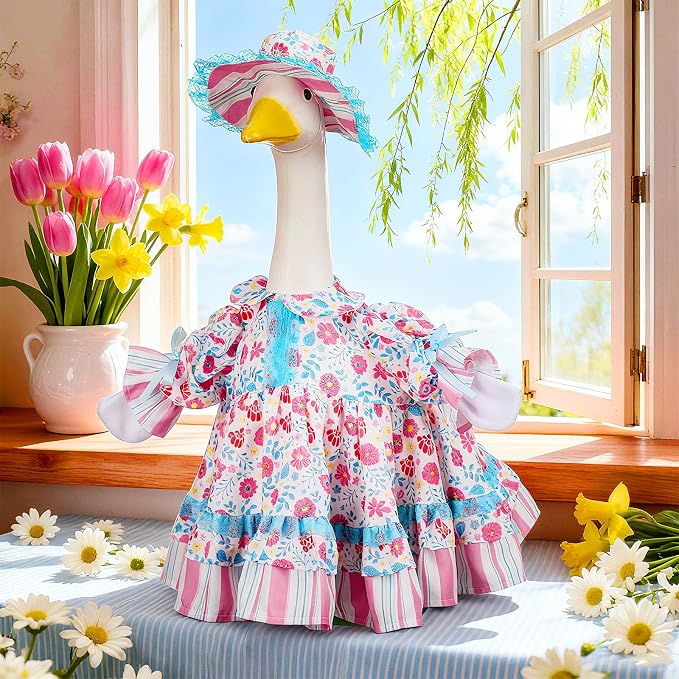 Soulchen 1 Set Summer Flower Porch Goose Outfit 23 Inch Wildflower Floral Cement Goose Clothes Dress and Hat Geese Costume Set for Summer Lawn Garden Yard Decor