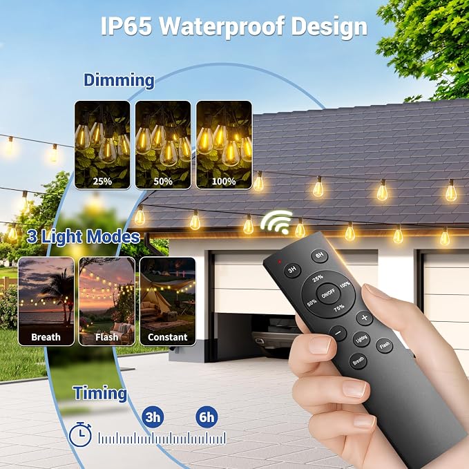 100FT Solar String Lights Outdoor Waterproof, 35+1 LED Solar Powered Lights with Remote Control, 3 Light Modes & Dimmable, USB-C Charging for Patio, Backyard, Garden, Camping