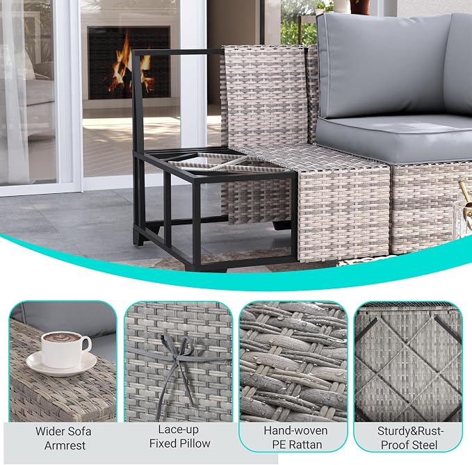 11-Piece Outdoor Patio Furniture Set with Rocking Swivel Chair Wicker Sectional Sofa Set, Patio Conversation Set with Ottomans & Coffee Table for Garden, Backyard, Poolside, Grey
