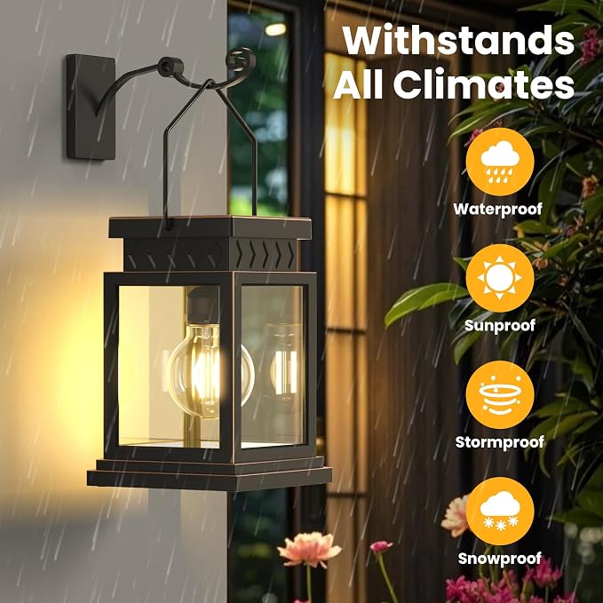 2 Pack Farmhouse Solar Lanterns ,Glass Solar Lights Bulb ,Outdoor Waterproof Upgraded Solar and 2 AA Batteries Powered, for Outside Porch, Patio and Indoor Tables, Mantelpiece.