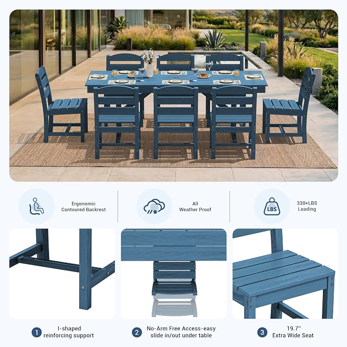 KINGYES Outdoor Armless Dining Chairs Set of 2,All-Weather HDPE Patio Chairs for Backyard,Pooside,Blue
