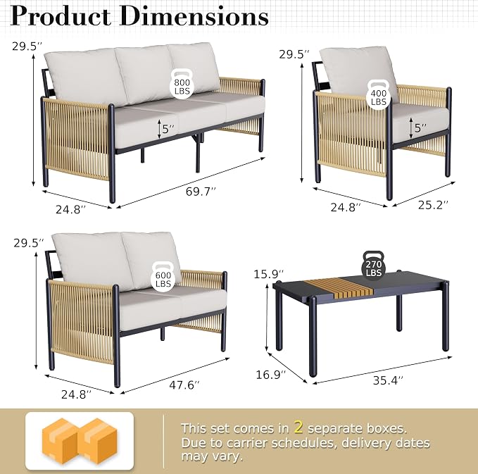 Aluminum Patio Furniture Set, 7 Seats Outdoor Patio Furniture with Coffee Table, Outdoor Wicker Conversation Sets with Cushion for Backyard, Balcony,Porch,Light Grey