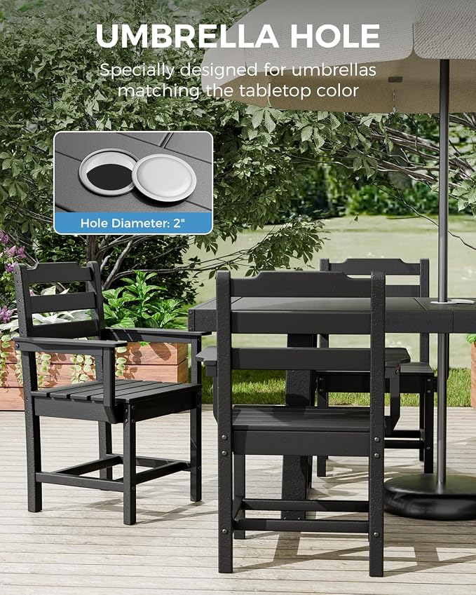 WACASA 7-Piece HDPE Outdoor Dining Set for 6, All-Weather Faux Wood Patio Table and Chairs with 2" Umbrella Hole, Steel-Reinforced Outside Furniture, Black