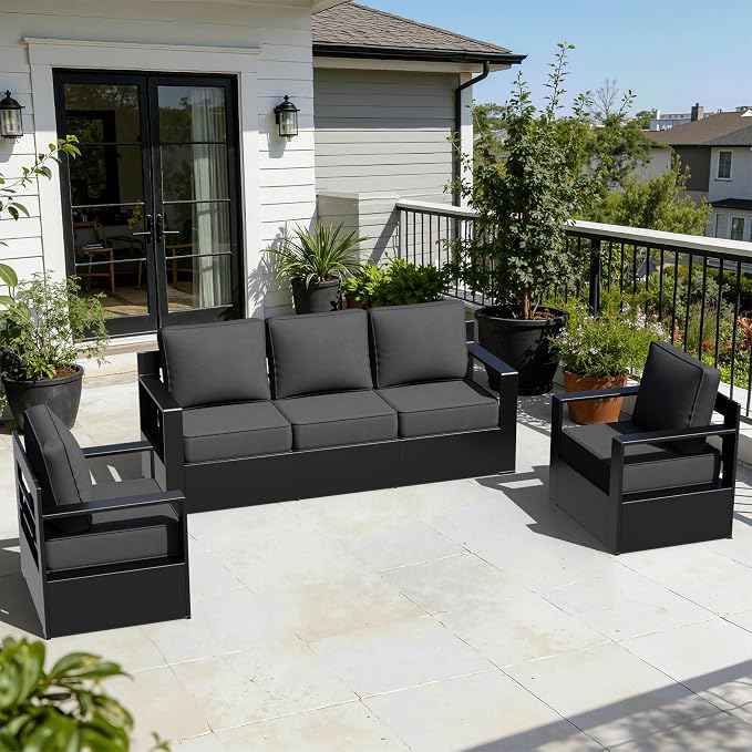 Outdoor Aluminum Furniture Set, 3-Piece Patio Conversation Set, 2 Chairs and 1 Sofa, All-Weather Metal Frame, 6" Thick Removable Cushions, Deep Setting for Garden, Poolside and Porch