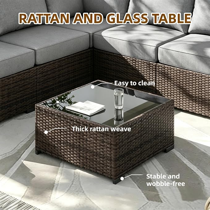 MOCHITO 5 Pcs Outdoor Patio Furniture Sets Brown Rattan Grey Cushions | All-Weather Sectional Sofa, with Glass Table, PE Rattan Wicker Patio Furniture , Washable Cushions, for Balcony Porch Garden