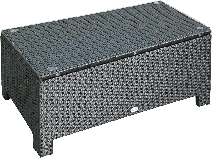 Outsunny Patio Furniture, Wicker Coffee Table, Hand-Woven PE Rattan Side Table with a Tempered Glass Top, 33.5" x 19.75", Black