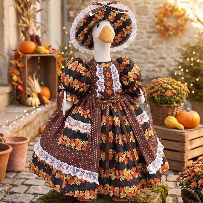 Suzile Fall Maple Porch Goose Outfit Autumn Goose Clothes for 23 in Cement or Plastic Geese Costume for Yard Lawn Outdoor Garden Patio Duck Dresses Statue Autumn Harvest Thanksgiving Party Decor