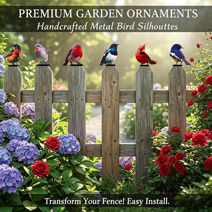 6 PCS Color Painted Metal Bird Sculptures - Vivid 2D Garden Decor for Outdoor Fences, Patio, Yard for Bird Lovers