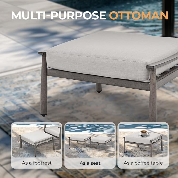 HAPPATIO Patio Outdoor Furniture Set - 7 Pieces Aluminum Outdoor Conversation Set Includes 1 Three-Seater Sofa, 1 Coffee Table, 1 Loveseat, 2 Armchairs and 2 Ottomans for Porch, Yard, Lawn (Grey)