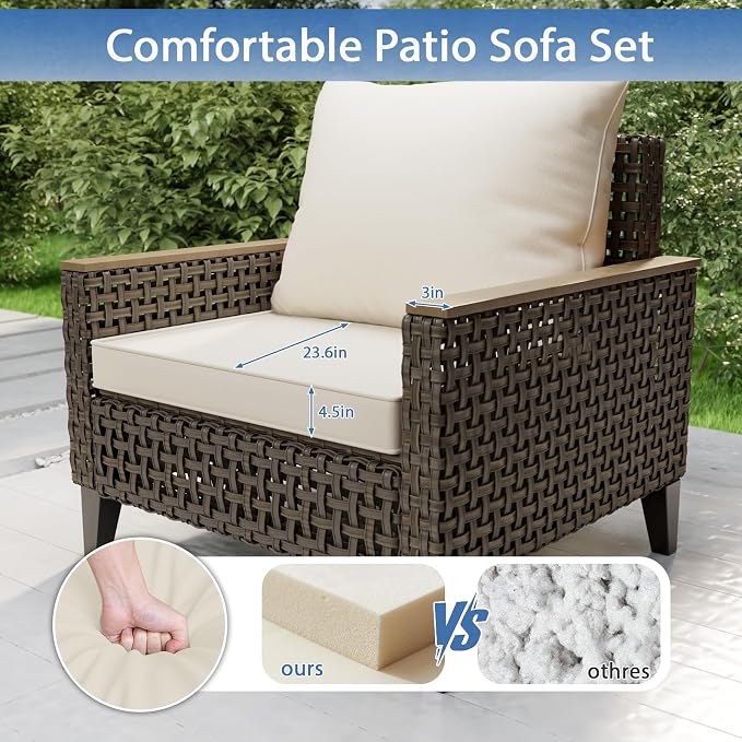 8Piece Patio Furniture Set with 50000 BTU Propane Fire Pit Table, All-Weather Wicker Rattan Outdoor Sectional Sofa Set with High Back and Thick Cushions for Garden, Porch, Poolside, Beige
