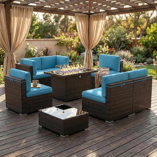 8 Pieces Patio Furniture Set with 44" Propane Gas Fire Pit Table, Outdoor Sectional Wicker Conversation Sofa Sets with Coffee Table