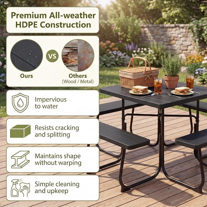 GYMAX Picnic Table Bench with Umbrella Hole, 8 Person Square Outdoor Picnic Table with Metal Frame & HDPE Tabletop, Camping Table for BBQ Yard Patio, 2300LBS Capacity (Black)