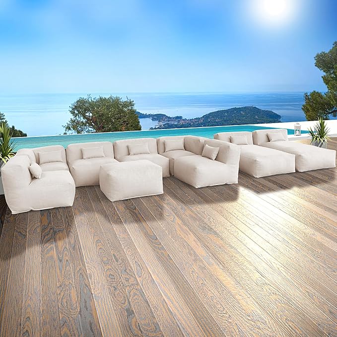 ANNYH Patio Eraclea 9PCS OUTDOOR Furniture Sectional Conversation Set - 2 Lounger 4Middle 2 Corner 1 Ottoman/Coffee-Expansion Foam Filling CHAIRS. UNIQUE Modular Contemporary Sofa (Light Beige)