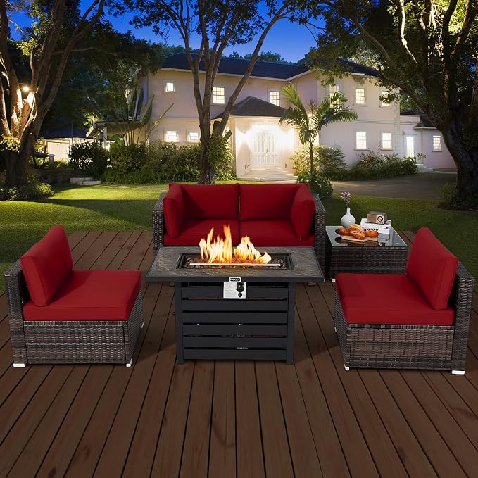 Tangkula 6-Piece Patio Furniture Set with 42 Inches Propane Fire Pit Table, Outdoor Wicker Conversation Set with Cushions and Tempered Glass Coffee Table, 50,000 BTU Gas Fire Pit Table (Red)