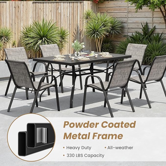 Soohow 7-Piece Outdoor Dining Set, Outdoor Patio Table and Chairs Set, 6 x Stackable Chairs & 1 x Outdoor Table with Umbrella Hole, All-Weather Patio Dining Sets for Poolside, Backyard and Porch