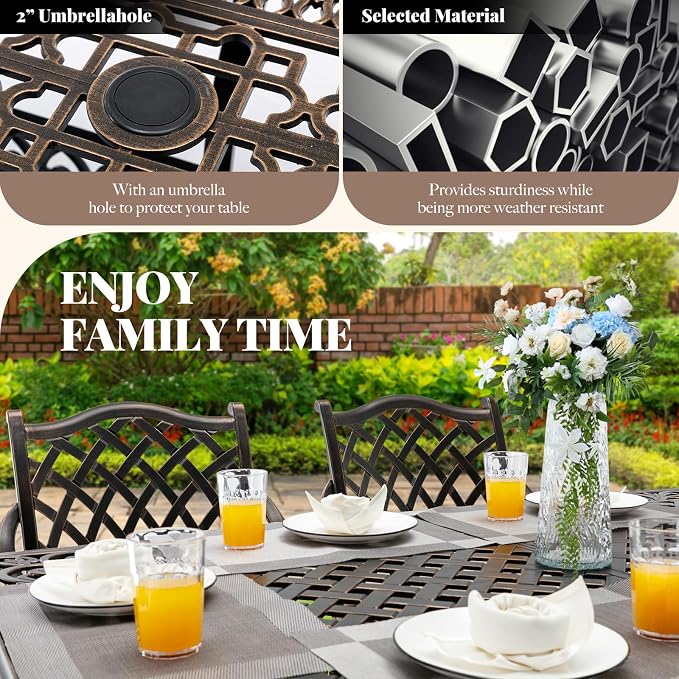 7 Piece Outdoor Dining Set Cast Aluminum Furniture Set，Retro Patio Dining Set for 6 Includes 59” Table and 6 Swivel Chairs with Cushions and 2" Umbrella Hole for Patio Deck Garden Poolside