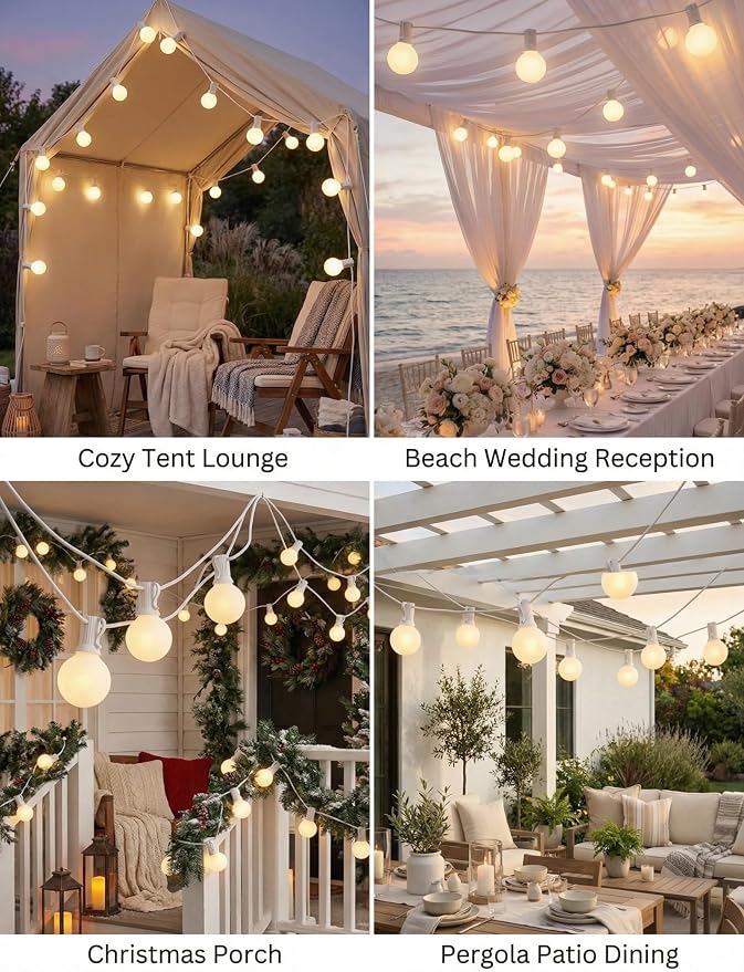 25FT Outdoor Frosted String Lights, 25 G40 Bulbs, White Wire | 5W Glass Incandescent Bulbs, IP44 Weatherproof, E12 Bases, 2 Spares, End-To-End Connectable, for Weddings and Parties