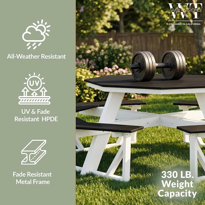 WestinTrends Outdoor 48" HDPE 8-Person Patio Octagon Picnic Table, Black