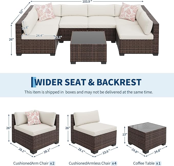 7-Piece All-Weather Outdoor Sectional Sofa Set, Waterproof Wicker Patio Furniture with Removable Cushions, Modern Gray Conversation Set for Poolside, Garden, and Backyard, Brown Vine+Beige Cushion
