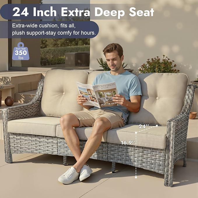 6 PCS Patio Furniture Set, Deep Seat High Back Outdoor Conversation Set with Ottomans, Wicker Outside Furniture with Solar Light Coffee Table for Porch Backyard Balcony, Sunroom, Beige