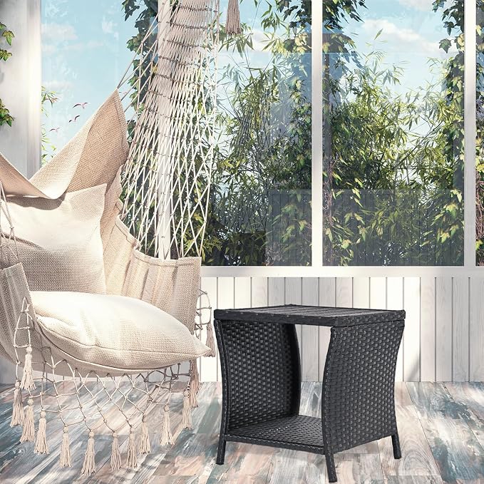 Outdoor Patio Side Table Small Black Wicker Rattan End Table for Outside Storage Coffee Table with Poly Lumber Table Top for Garden Lawn Pool Porch Deck