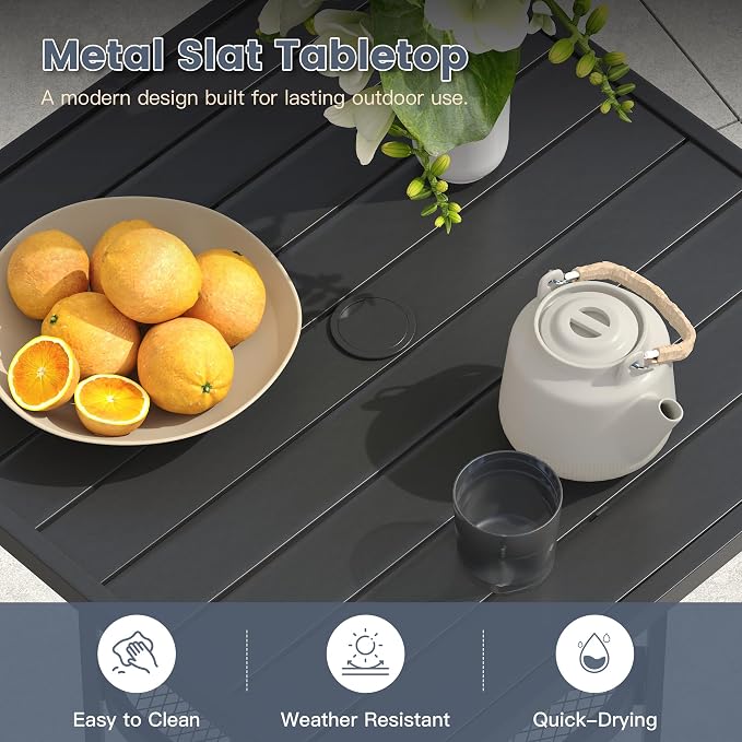 VICLLAX Patio Bar Height Table, Outdoor Square Bistro Table with Umbrella Hole, Metal Frame and Slat Design, Ideal for Patio Lawn Backyard Porch, Black