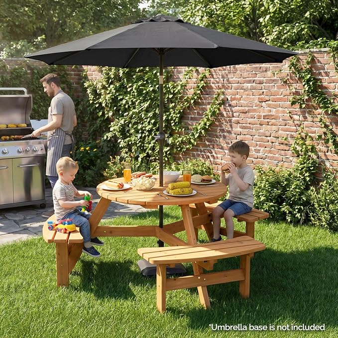 VINGLI Wood Picnic Table Outdoor Round Picnic Table with 7.5ft Umbrella and 4 Built-in Benches, Outdoor Dining Tables and Chairs 550 LBS Bench Capacity (Gray, Square)
